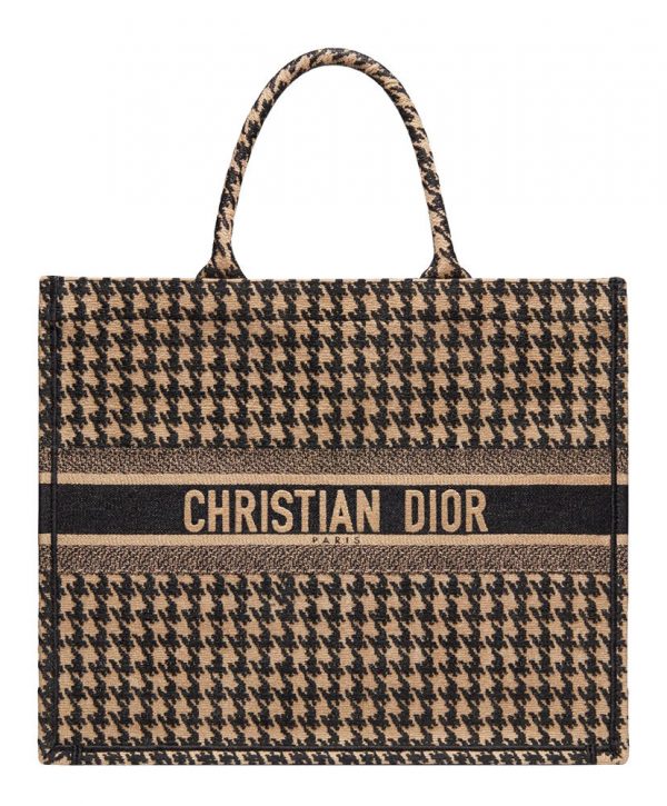 Christian Dior Houndstooth Embroidery Book Tote Handbag Cream