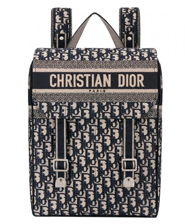 Christian Dior Backpack in blue Dior Oblique embroidered canvas Dark Blue