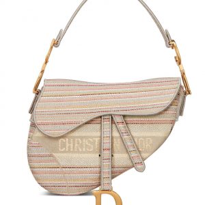 Christian Dior Multicolor Striped Embroidery Saddle Bag Apricot