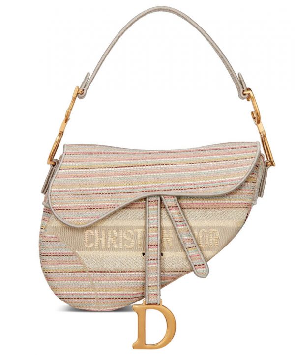 Christian Dior Multicolor Striped Embroidery Saddle Bag Apricot