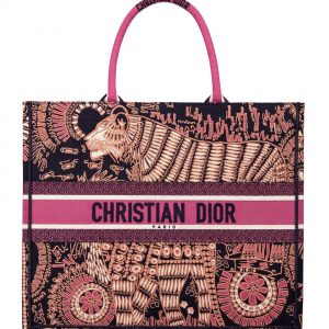 Christian Dior Fuchsia Dior Book Tote Dior Animals Embroidered Canvsa Bag Peachblow