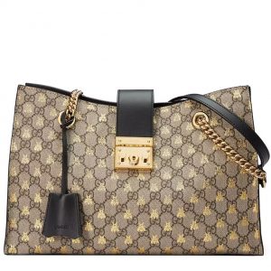 Gucci Padlock GG Supreme Canvas Bees Medium Shoulder Tote Bag 479197 Coffee