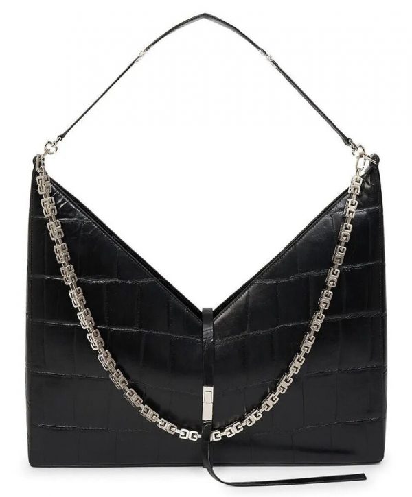 Givenchy Large Cut-Out Croc-Embossed Leather Shoulder Bag Black