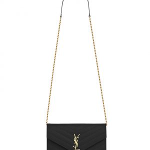 Saint Laurent Envelope Chain Wallet In Grain De Poudre Embossed Leather Black