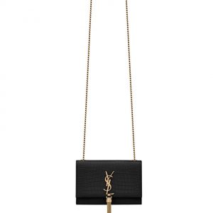 Saint Laurent Kate Small With Tassel In Embossed Crocodile Shiny Leather Black