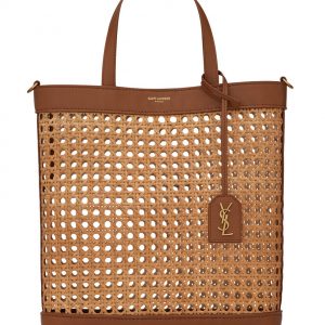 Saint Laurent N/S Toy Shopping Bag In Woven Cane And Leather Coffee