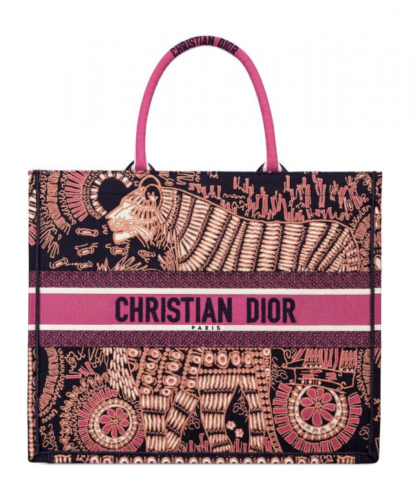 Christian Dior Fuchsia Dior Book Tote Dior Animals Embroidered Canvsa Bag Peachblow