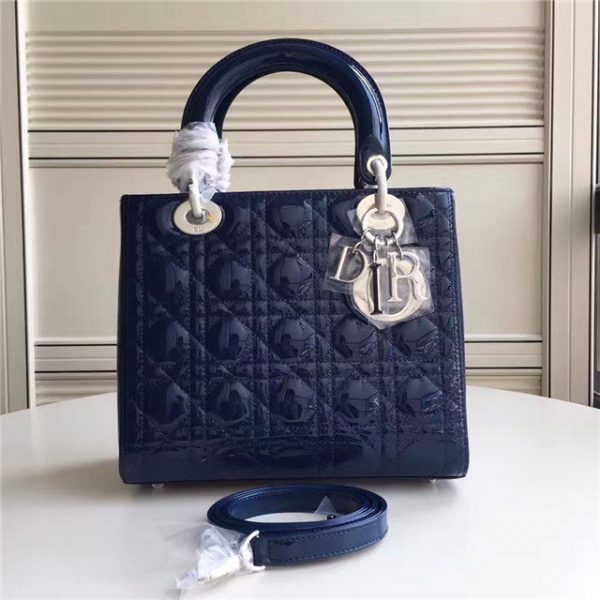 Christian Dior Lady Dior Medium Patent Leather Quilted Bag-Silver Hardware Royal Blue