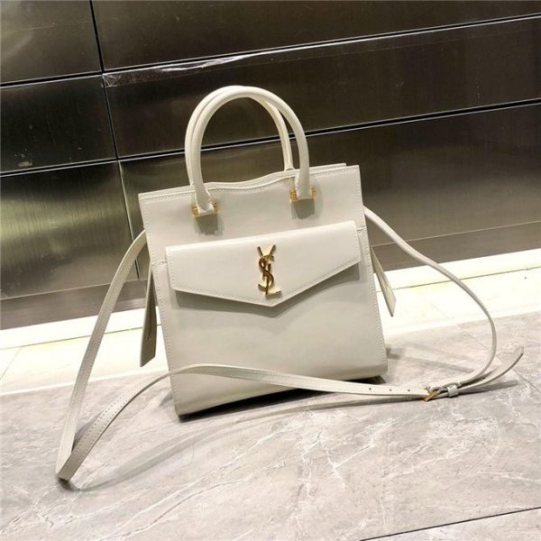 Yves Saint Laurent Small Uptown Tote Shiny Smooth Leather Ivory