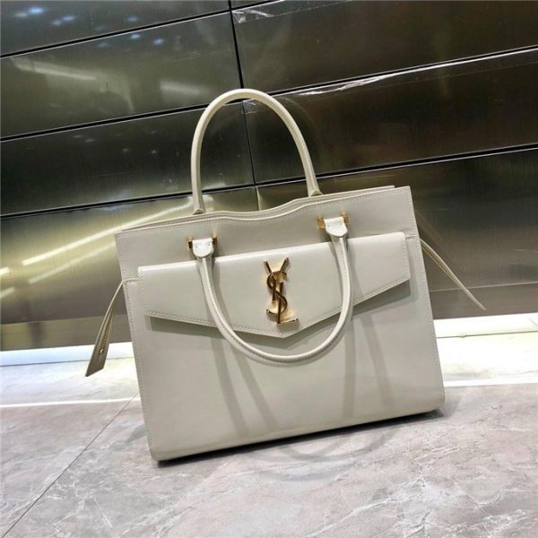 Yves Saint Laurent Medium Uptown Tote Shiny Smooth Leather Ivory