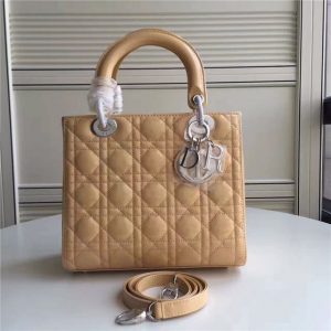 Christian Dior Lady Dior Medium Patent Leather Quilted Bag-Silver Hardware Beige