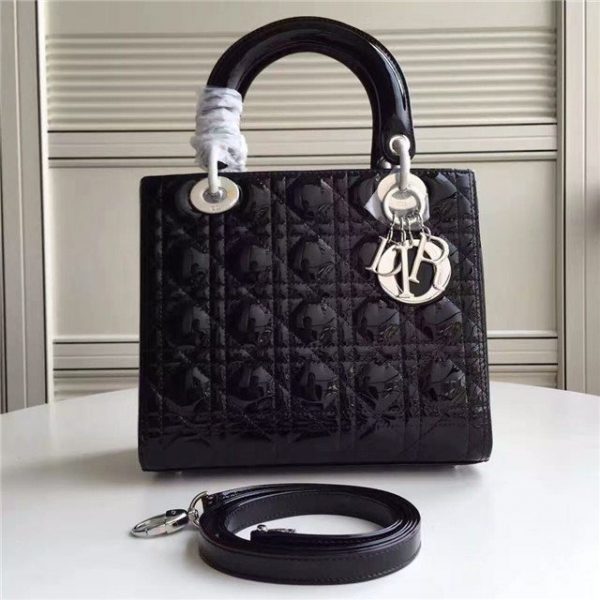 Christian Dior Lady Dior Medium Patent Leather Quilted Bag-Silver Hardware Black