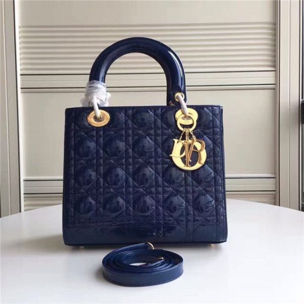 Christian Dior Lady Dior Medium Patent Leather Quilted Bag-Gold Hardware Royal Blue