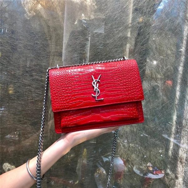 Yves Saint Laurent Sunset Medium Monogram Crocodile Embossed Shiny Leather Red