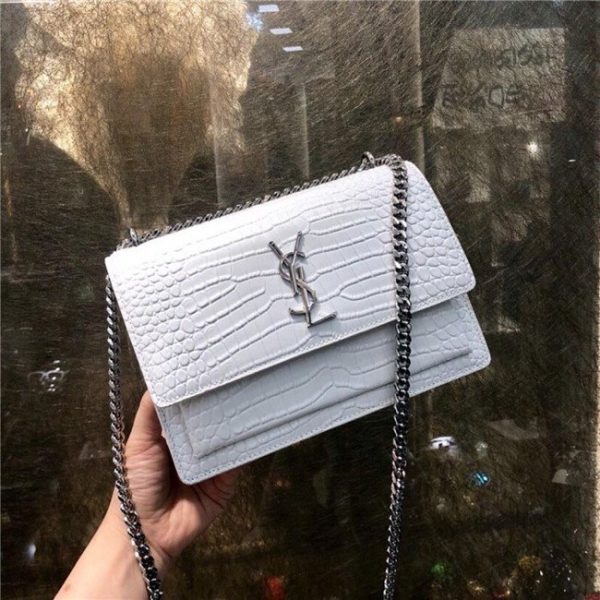 Yves Saint Laurent Sunset Medium Monogram Crocodile Embossed Shiny Leather White