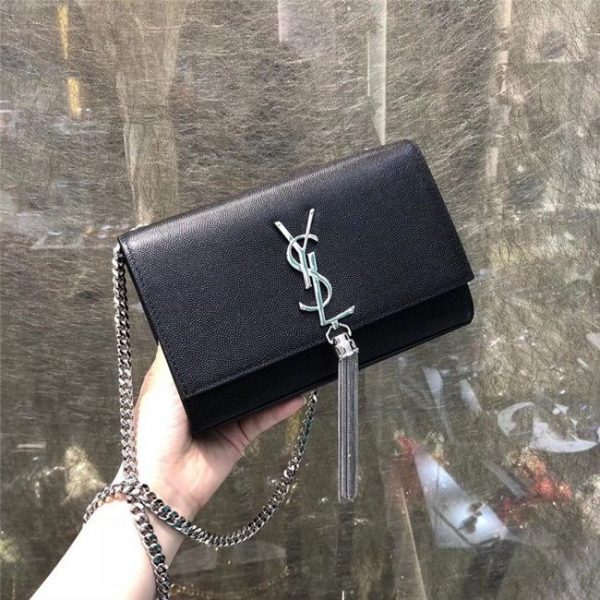 YSL Kate Small With Tassel in Grain De Poudre Embossed Leather Black/Silver