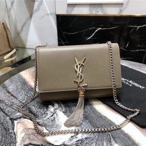 YSL Kate Small With Tassel in Grain De Poudre Embossed Leather Grey/Silver