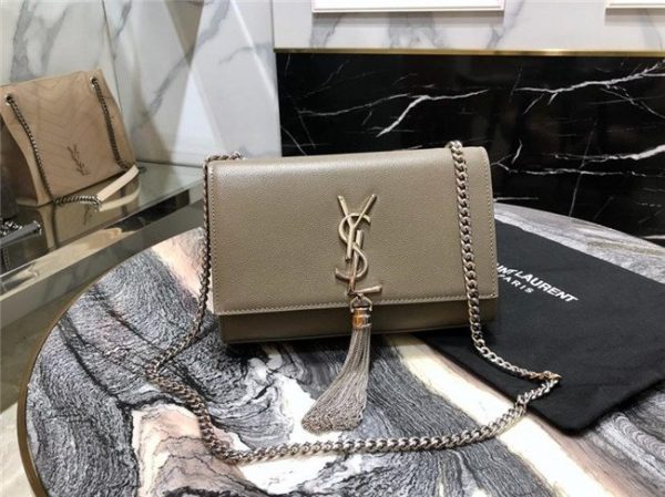 YSL Kate Small With Tassel in Grain De Poudre Embossed Leather Grey/Silver