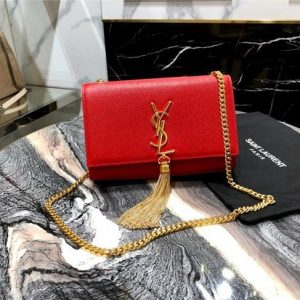 YSL Kate Small With Tassel in Grain De Poudre Embossed Leather Red/Gold