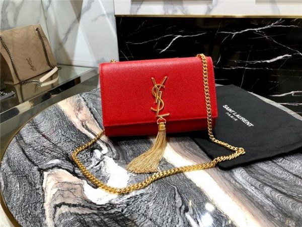 YSL Kate Small With Tassel in Grain De Poudre Embossed Leather Red/Gold
