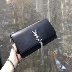 YSL Kate Medium With Tassel in Grain De Poudre Embossed Leather Black/Silver