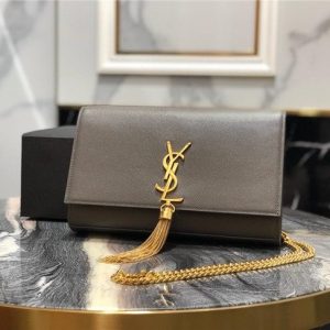 YSL Kate Medium With Tassel in Grain De Poudre Embossed Leather Dark Grey/Gold