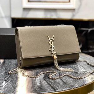 YSL Kate Medium With Tassel in Grain De Poudre Embossed Leather Grey/Silver