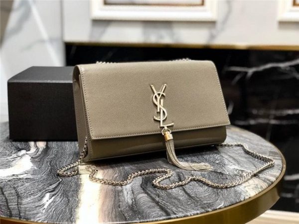 YSL Kate Medium With Tassel in Grain De Poudre Embossed Leather Grey/Silver