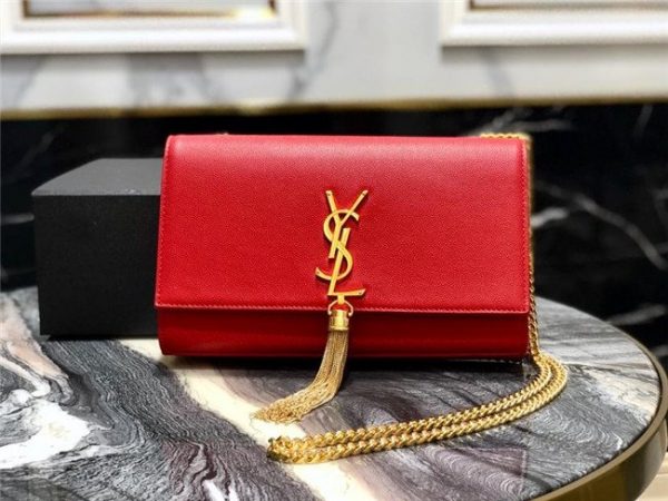 YSL Kate Medium With Tassel in Grain De Poudre Embossed Leather Red/Gold