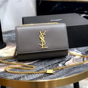 YSL Kate Small in Grain De Poudre Embossed Leather Dark Grey/Gold