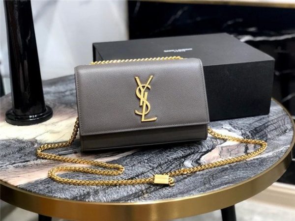 YSL Kate Small in Grain De Poudre Embossed Leather Dark Grey/Gold