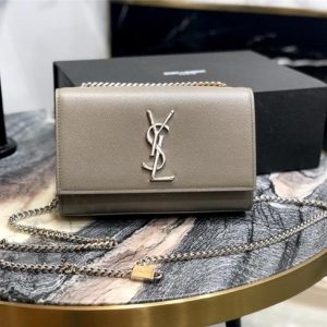 YSL Kate Small in Grain De Poudre Embossed Leather Grey/Silver