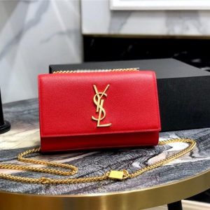 YSL Kate Small in Grain De Poudre Embossed Leather Red/Gold