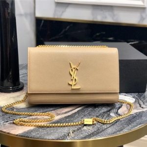 YSL Kate Medium in Grain De Poudre Embossed Leather Beige/Gold