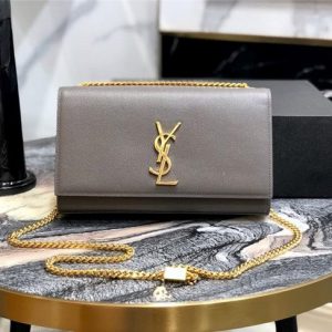 YSL Kate Medium in Grain De Poudre Embossed Leather Grey/Gold