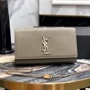 YSL Kate Medium in Grain De Poudre Embossed Leather Grey/Silver