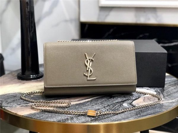 YSL Kate Medium in Grain De Poudre Embossed Leather Grey/Silver