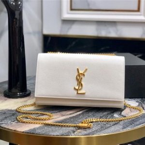 YSL Kate Medium in Grain De Poudre Embossed Leather White/Gold