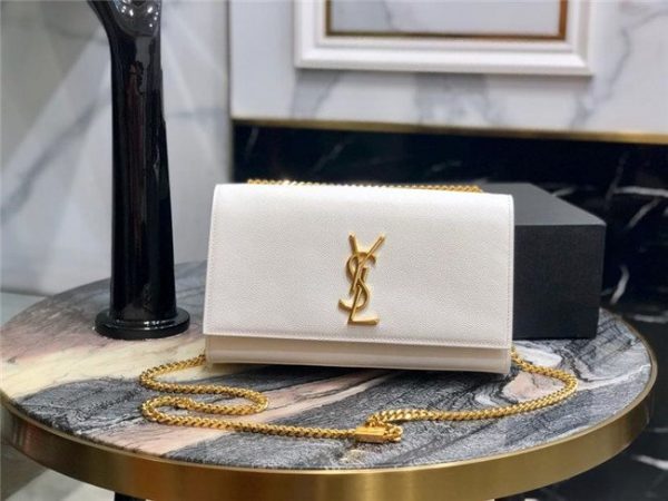 YSL Kate Medium in Grain De Poudre Embossed Leather White/Gold