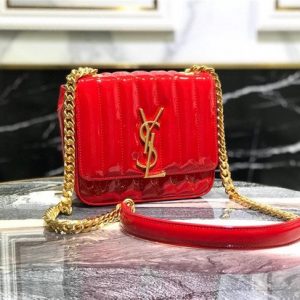 YSL Vicky Small Black Matelasse Patent Leather Red