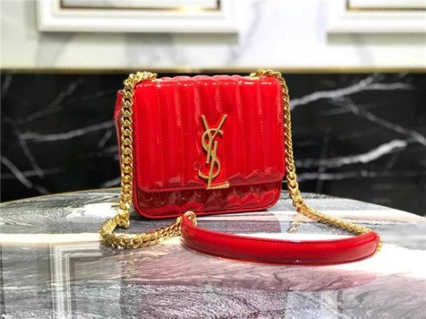 YSL Vicky Small Black Matelasse Patent Leather Red