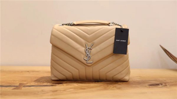 YSL Medium LOULOU Chain Bag “Y” Matelasse Leather Dark Beige/Silver