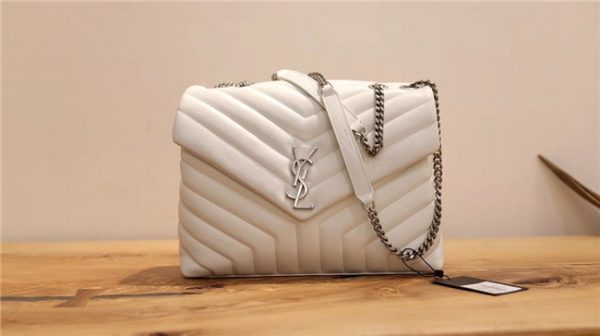 YSL Medium LOULOU Chain Bag “Y” Matelasse Leather White/Silver