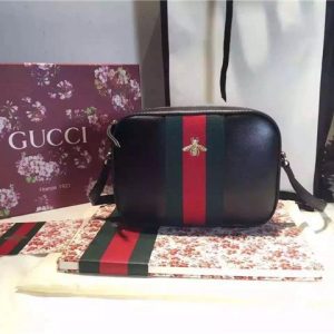 Gucci Black Leather Web Bee Shoulder Bag
