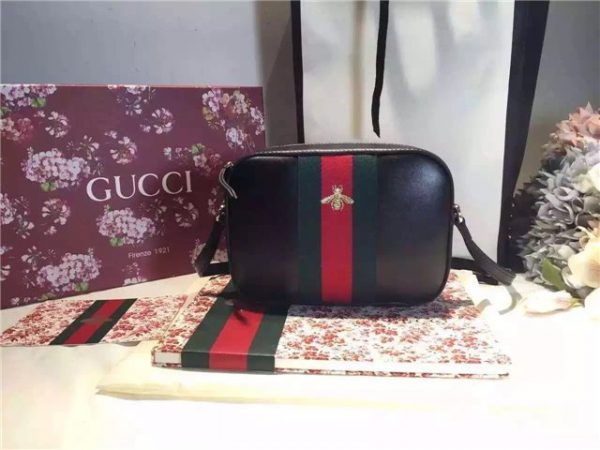 Gucci Black Leather Web Bee Shoulder Bag