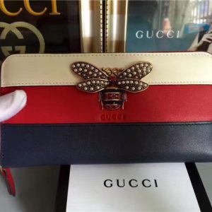 Gucci Queen Margaret Leather Zip Around Wallet Blue/Red