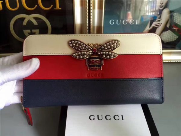 Gucci Queen Margaret Leather Zip Around Wallet Blue/Red