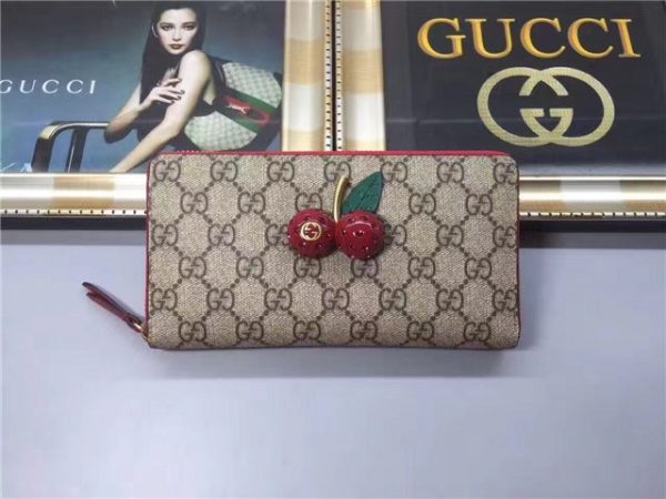 Gucci GG Supreme Zip Around Wallet With Cherries