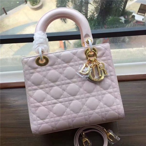 Christian Dior Lady Dior Medium Patent Leather Quilted Bag-Gold Hardware Pink