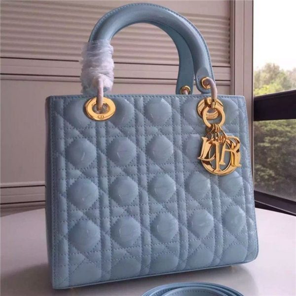 Christian Dior Lady Dior Medium Patent Leather Quilted Bag-Gold Hardware Sky Blue